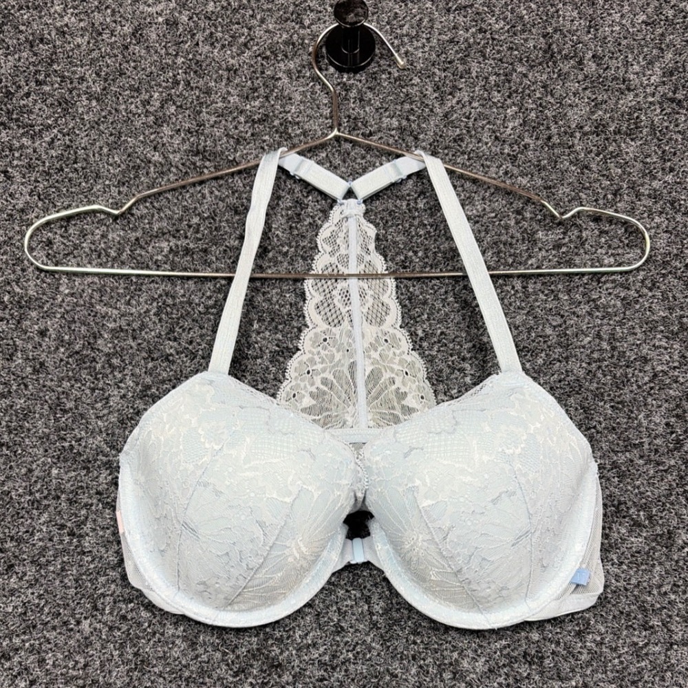 Victoria's Secret Bra Womens 34D Blue Lace Racerback Front Close Lined Demi SEO